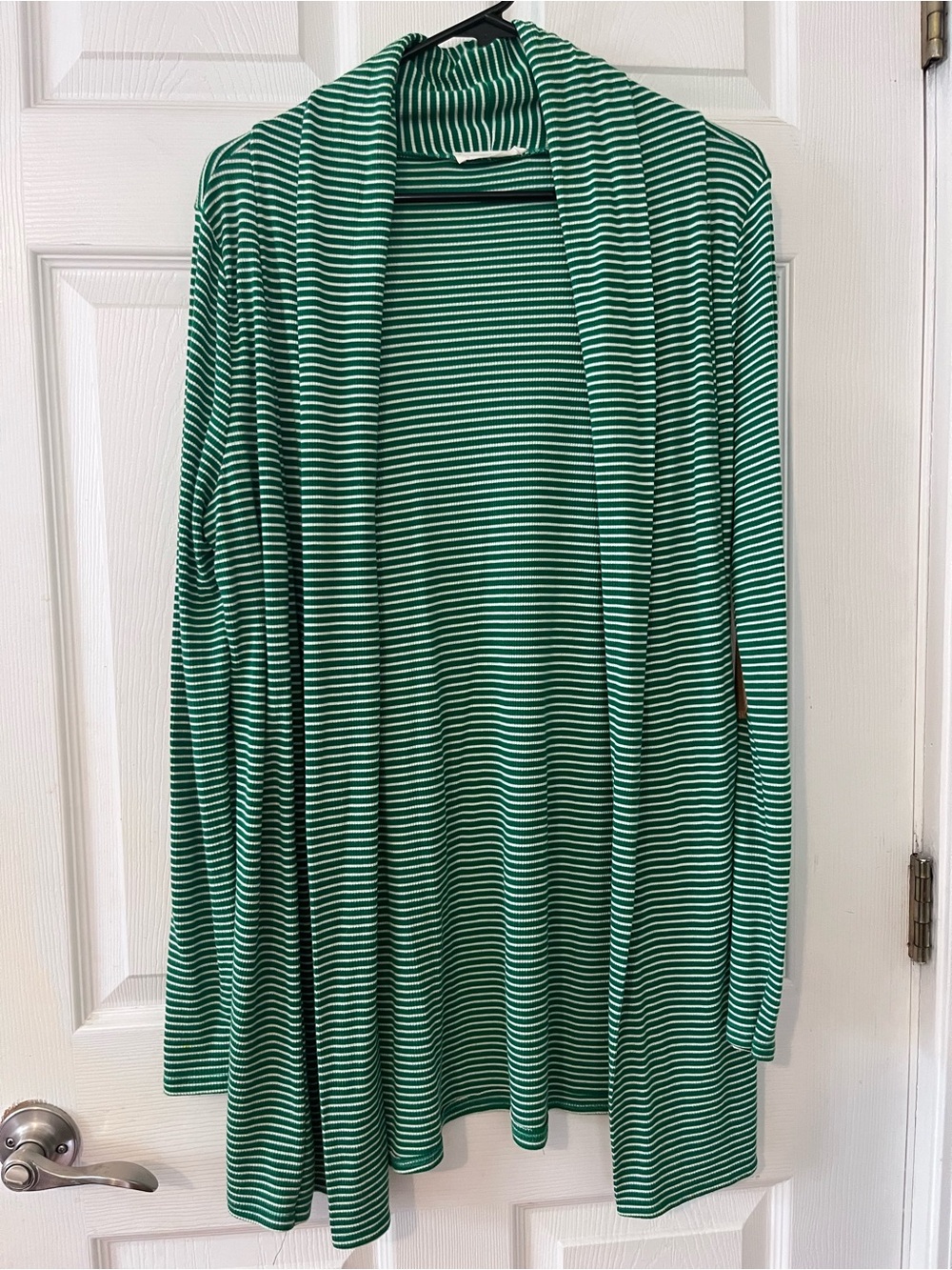 Green Striped Open-Front Women’s Cardigan with elbow patches